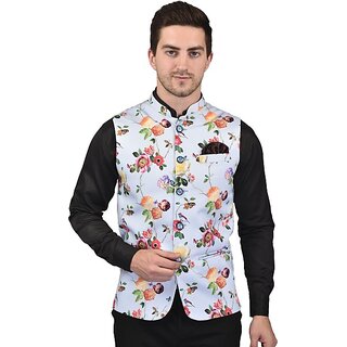                       PrintCulture Men Self Design Light Blue Cotton Blend Nehru Jacket                                              