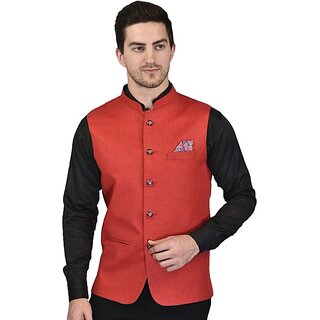                       PrintCulture Men Solid Red Cotton Blend Nehru Jacket                                              