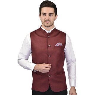                       PrintCulture Men Self Design Brown Cotton Blend Nehru Jacket                                              