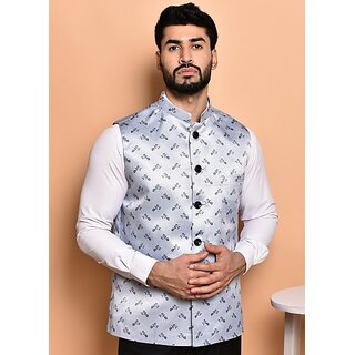                      PrintCulture Men Printed Silver Cotton Blend Nehru Jacket                                              