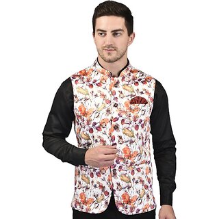                       PrintCulture Men Floral Multicolor Cotton Blend Nehru Jacket                                              