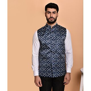                       PrintCulture Men Printed Blue Cotton Blend Nehru Jacket                                              