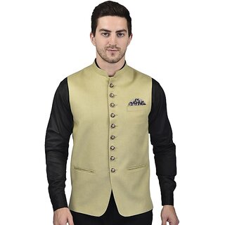                       PrintCulture Men Solid Green Cotton Blend Nehru Jacket                                              