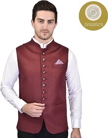 PrintCulture Men Self Design Brown Cotton Blend Nehru Jacket