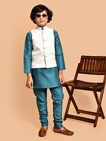 PrintCultr Boys Festive & Party Kurta, Waistcoat and Pyjama Set (Blue)