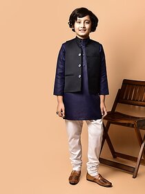 PrintCultr Boys Festive & Party Kurta, Waistcoat and Pyjama Set (Dark Blue)