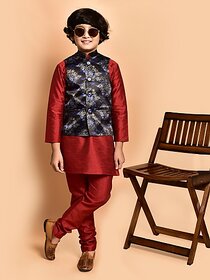 PrintCultr Boys Festive & Party Kurta, Waistcoat and Pyjama Set (Red)