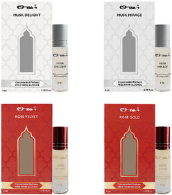 Ossa Musk Delight  Mirage, Rose Velvet  Gold Unisex Concentrated Perfums Alcohol Free Attar Combo (Pack of 4)