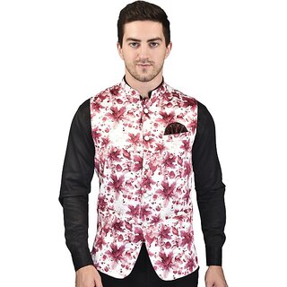                       Print Culture Men Printed Maroon Cotton Blend Nehru Jacket                                              