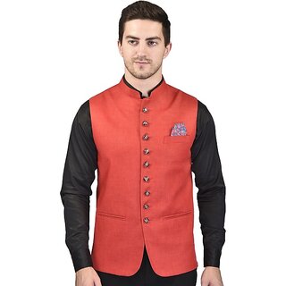                       PrintCulture Men Solid Red Cotton Blend Nehru Jacket                                              