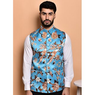                       PrintCulture Men Printed Blue Cotton Blend Nehru Jacket                                              