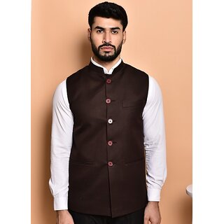                       PrintCulture Men Solid Brown Cotton Blend Nehru Jacket                                              