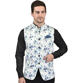                       PrintCulture Men Floral Blue Cotton Blend Nehru Jacket                                              