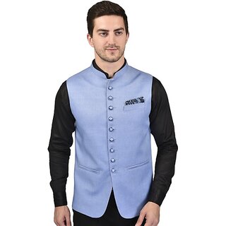                       PrintCulture Men Solid Blue Cotton Blend Nehru Jacket                                              