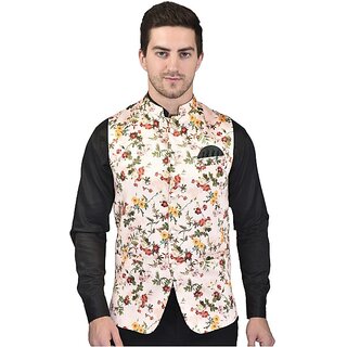                       PrintCulture Men Floral Red Cotton Blend Nehru Jacket                                              