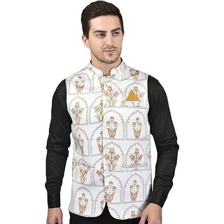                       PrintCulture Men Printed White Cotton Blend Nehru Jacket                                              