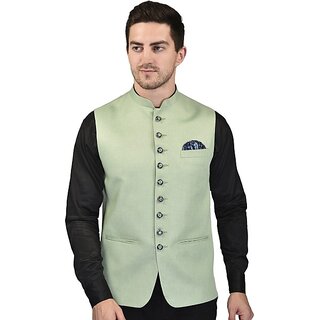                       PrintCulture Men Solid Beige Cotton Blend Nehru Jacket                                              