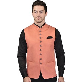                       PrintCulture Men Solid Orange Cotton Blend Nehru Jacket                                              