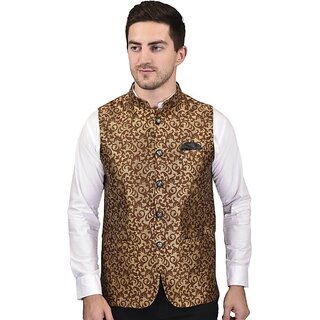                      PrintCulture Men Solid Brown Cotton Blend Nehru Jacket                                              