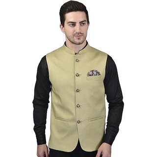                       PrintCulture Men Solid Beige Cotton Blend Nehru Jacket                                              