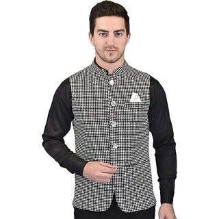                       PrintCulture Men Printed Black Cotton Blend Nehru Jacket                                              