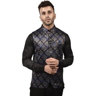                       PrintCulture Men Printed Black Cotton Blend Nehru Jacket                                              