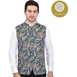                       Print Culture Men Printed Blue Cotton Blend Nehru Jacket                                              