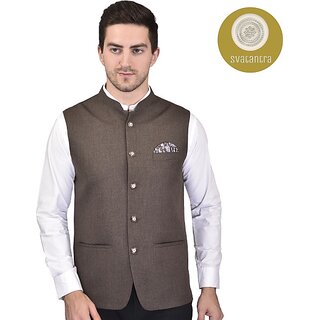                       PrintCulture Men Self Design Brown Cotton Blend Nehru Jacket                                              