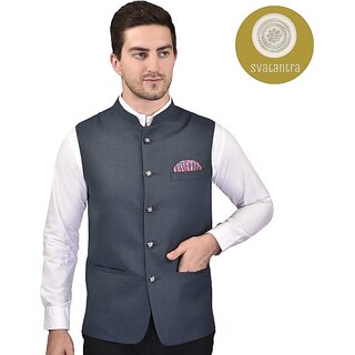                       PrintCulture Men Solid Blue Cotton Blend Nehru Jacket                                              