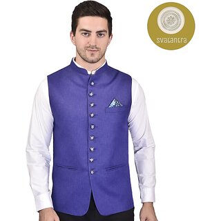                       PrintCulture Men Self Design Blue Cotton Blend Nehru Jacket                                              