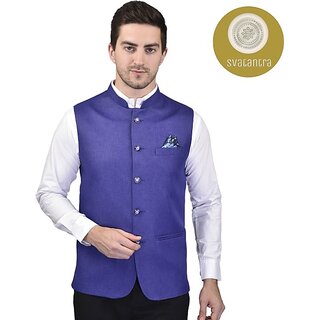                       PrintCulture Men Solid Blue Cotton Blend Nehru Jacket                                              