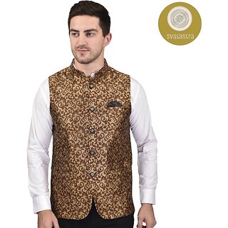                       PrintCulture Men Printed Brown Cotton Blend Nehru Jacket                                              