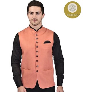                       PrintCulture Men Solid Orange Cotton Blend Nehru Jacket                                              