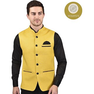                       PrintCulture Men Solid Yellow Cotton Blend Nehru Jacket                                              