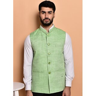                       PrintCulture Men Solid Green Cotton Blend Nehru Jacket                                              