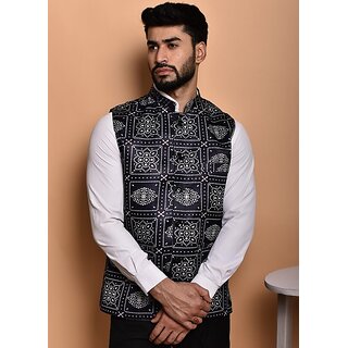                       PrintCulture Men Printed Dark Blue Cotton Blend Nehru Jacket                                              