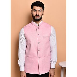                       PrintCulture Men Solid Pink Cotton Blend Nehru Jacket                                              