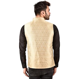                       PrintCulture Men Woven Design Beige Cotton Blend Nehru Jacket                                              