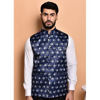                       PrintCulture Men Printed Dark Blue Cotton Blend Nehru Jacket                                              