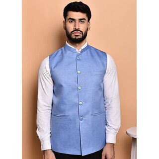                       PrintCulture Men Solid Blue Cotton Blend Nehru Jacket                                              