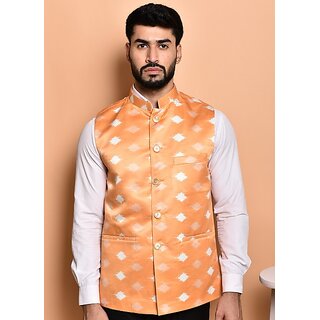                       Print Culture Men Printed Orange Cotton Blend Nehru Jacket                                              