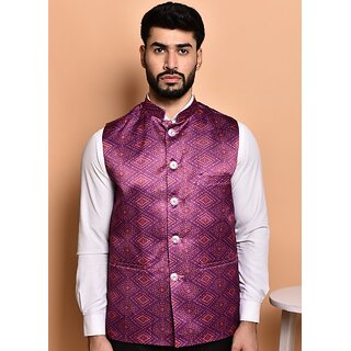                       PrintCulture Men Printed Purple Cotton Blend Nehru Jacket                                              