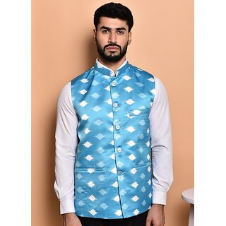                       PrintCulture Men Printed Blue Cotton Blend Nehru Jacket                                              