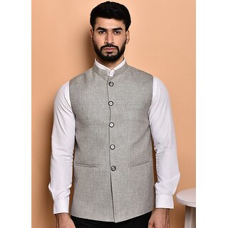                       Print Culture Men Solid Grey Cotton Blend Nehru Jacket                                              