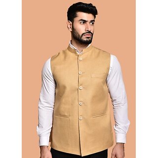                       PrintCulture Men Solid Beige Cotton Blend Nehru Jacket                                              