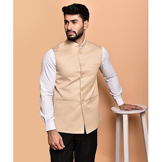                       PrintCulture Men Solid Beige Cotton Blend Nehru Jacket                                              