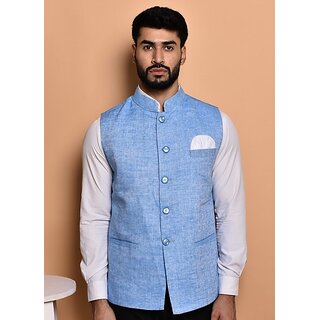 PrintCulture Men Self Design Blue Cotton Blend Nehru Jacket