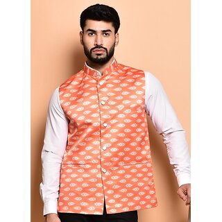                       PrintCulture Men Printed Orange Cotton Blend Nehru Jacket                                              
