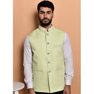                       PrintCulture Men Solid White Cotton Blend Nehru Jacket                                              