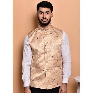                       Print Culture Men Printed Beige Cotton Blend Nehru Jacket                                              